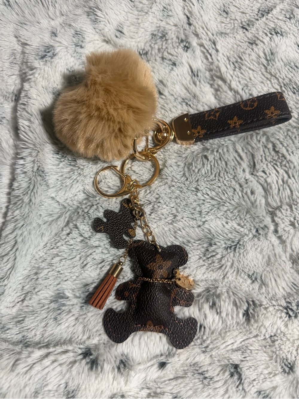 Brown Monogram Bear Pom Pom Key & Card Holder Charm